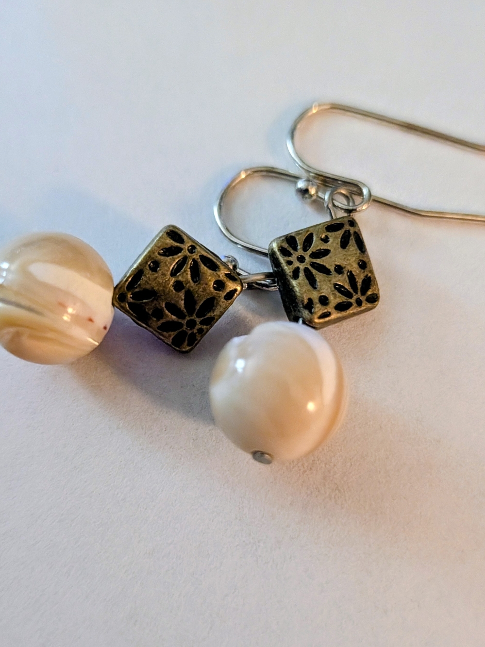 Cream Pearl Drop Earrings with Antique Gold Floral Cubes